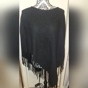 Chico's Finley Fringe Poncho Black Ribbed Sweater‎ One Size Fits Most